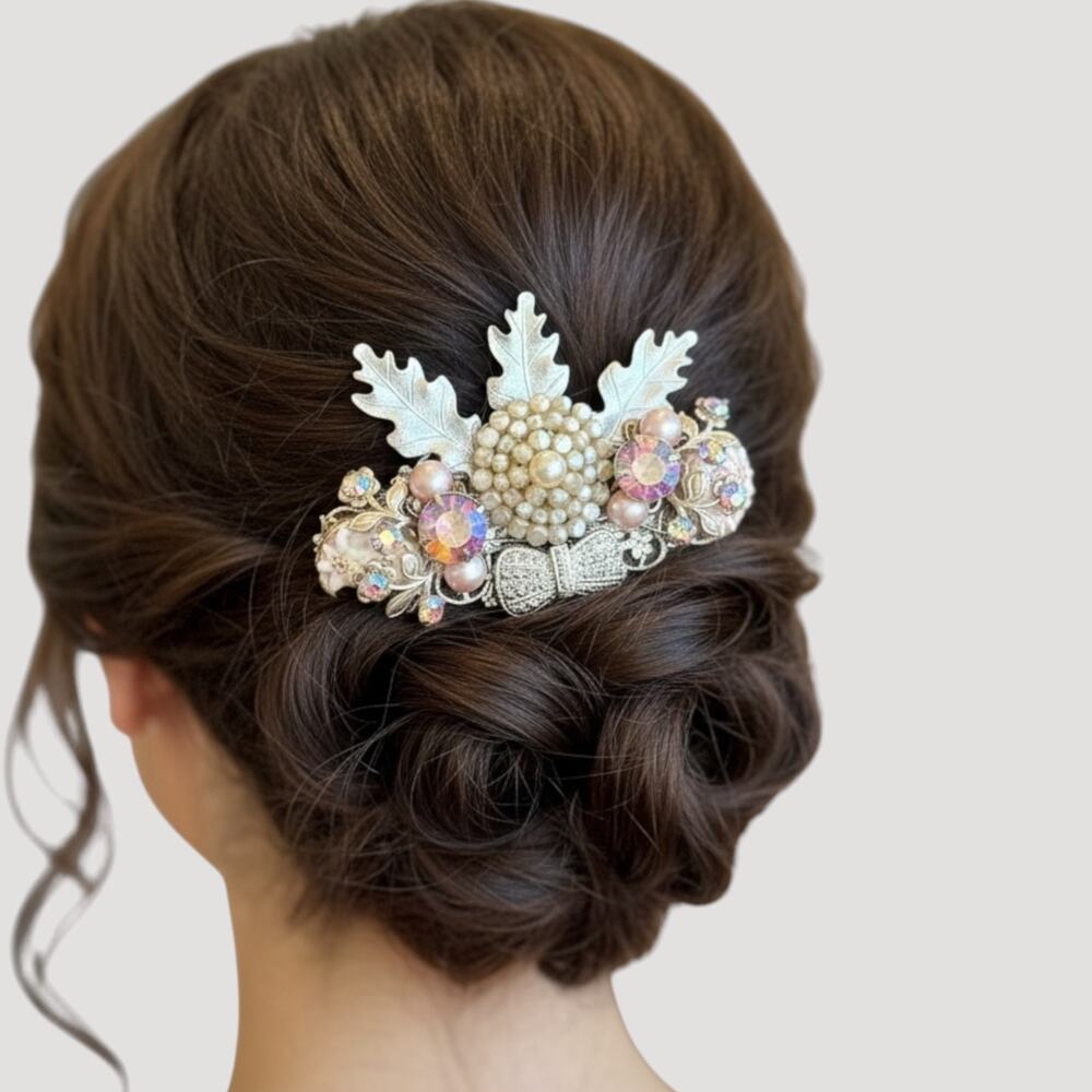 Lavender Bridal Hair Comb Wedding Silver Leaves Pearl Crystal Clip Hairpiece